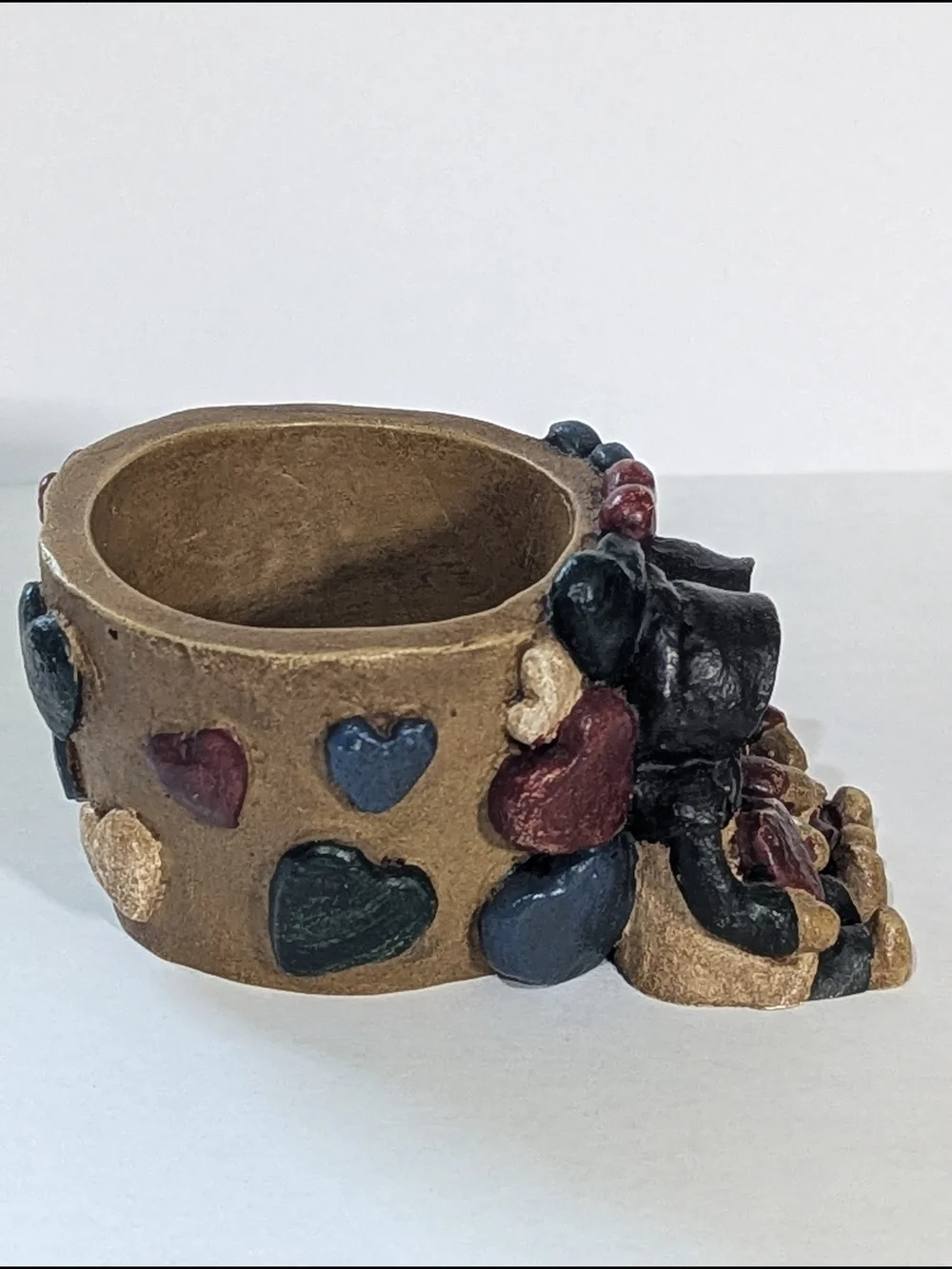 Signed Folk Art Planter 1998 Primitive Double Figure Hearts Votive Holder
